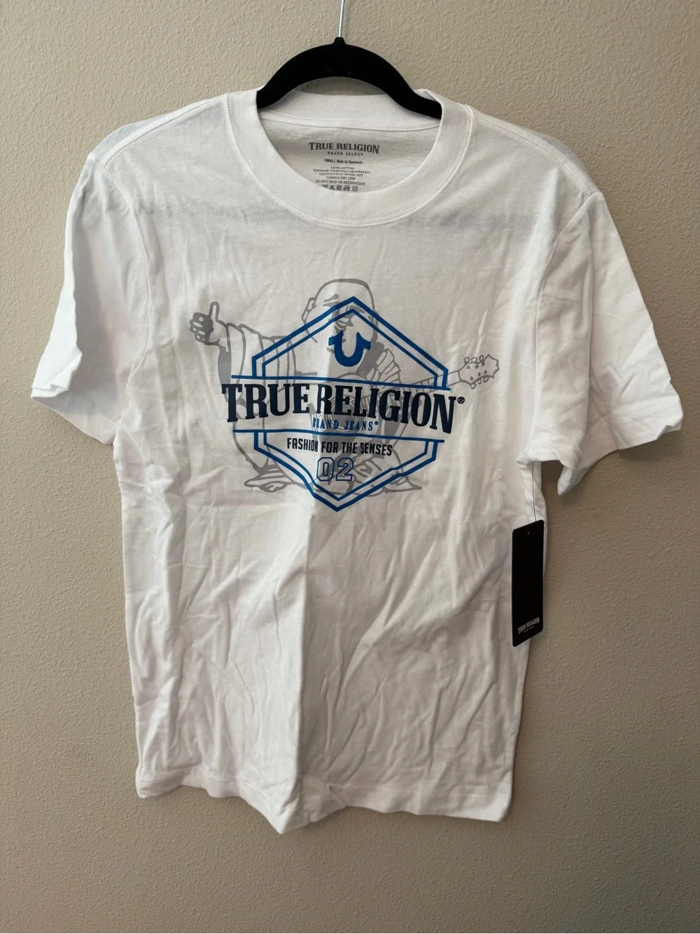 True Religion White Short-Sleeve Tee with Blue Graphic Logo